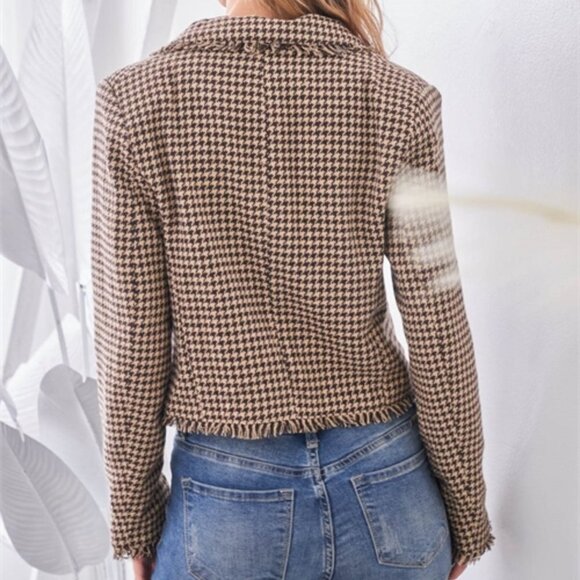 Womens work chic houndstooth plaid print fringe de - Picture 3 of 7